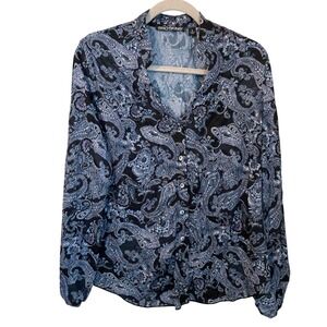 Snoskins V-Neck Crinkle Button Up Shirt Paisley Black Blue Size S Made USA